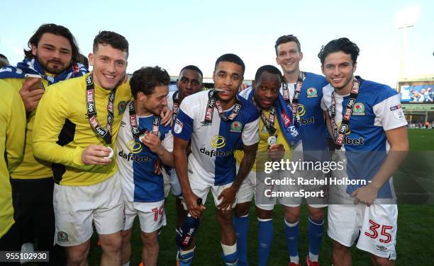 Blackburn Rovers' celebrate promotionduring the Sky Bet League One match between Blackburn Rovers and Oxford United at Ewood Park on May 5, 2018 in...