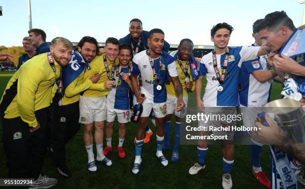 Blackburn Rovers' celebrate promotionduring the Sky Bet League One match between Blackburn Rovers and Oxford United at Ewood Park on May 5, 2018 in...