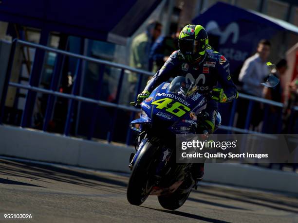 Valentino Rossi of Italy and Movistar Yamaha MotoGP before going out to the track during the qualifying practice during the MotoGp of Spain at...