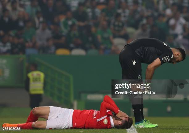 Benfica forward Rafa Silva from Portugal injured during the Primeira Liga match between Sporting CP and SL Benfica at Estadio Jose Alvalade on May 5,...