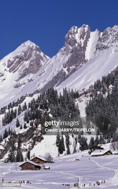 Montagnes de la chaîne des Aravis vues depuis la Clusaz, en Haute-Savoie, France.