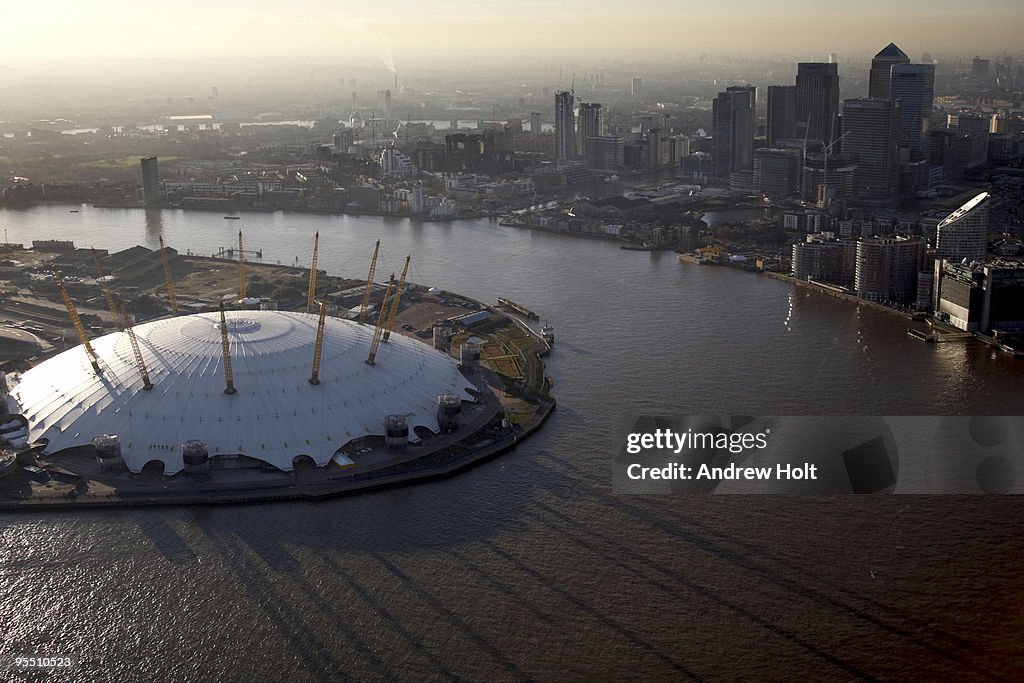 Aerial view of River Thames and O2 Dome