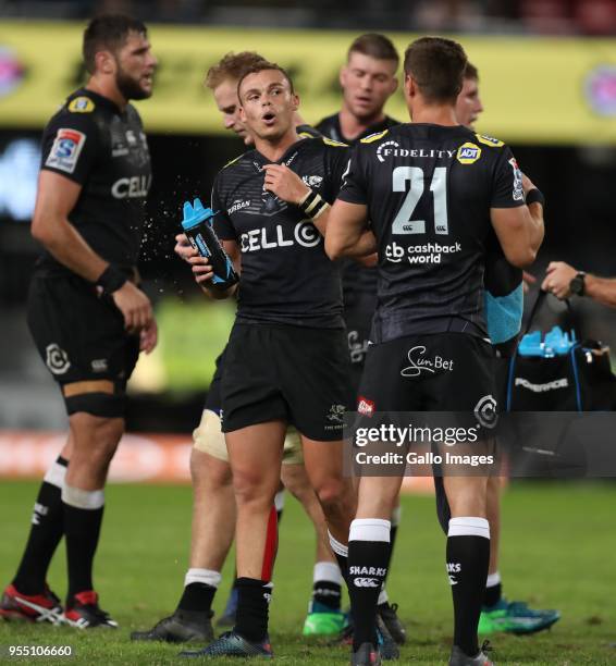 Curwin Bosch of the Cell C Sharks during the Super Rugby match between Cell C Sharks and Highlanders at Jonsson Kings Park Stadium on May 05, 2018 in...