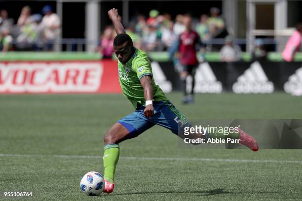 Nouhou Tolo of Seattle Sounders prepares to pass the ball in the second half against the Columbus Crew during their game at CenturyLink Field on May...