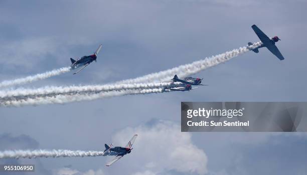 The Geico Skytypers perform at the Fort Lauderdale Air Show at Fort Lauderdale Beach, Fla., on Saturday, May 5, 2018.