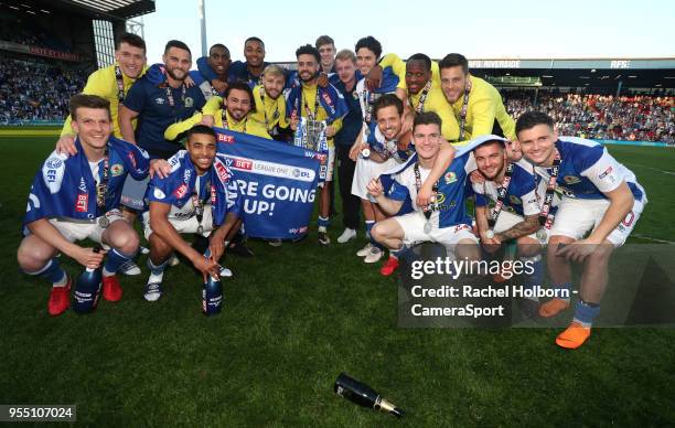 Blackburn Rovers' celebrate promotionduring the Sky Bet League One match between Blackburn Rovers and Oxford United at Ewood Park on May 5, 2018 in...