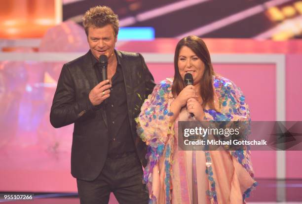 Janina El Arguioui and Oliver Geissen during the finals of the tv competition 'Deutschland sucht den Superstar' at Coloneum on May 5, 2018 in...