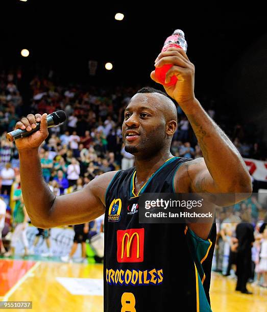 Corey Williams of the Crocodiles acknowledges the crowd after winning the round 14 NBL match between the Townsville Crocodiles and the Perth Wildcats...