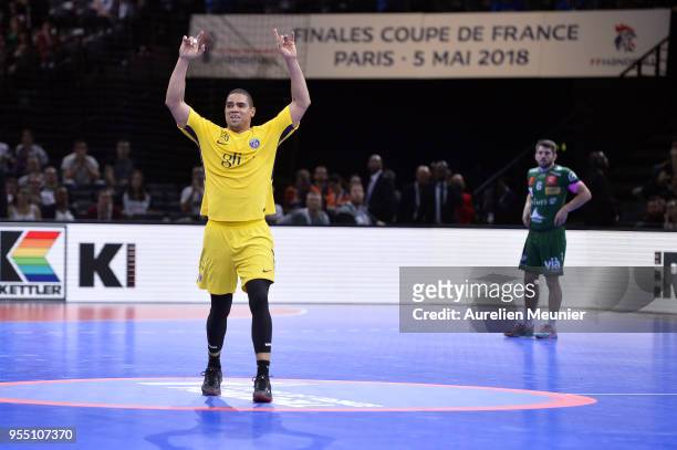 Daniel Narcisse of Paris Saint-Germain reacts after winning the Handball French Cup Final match against Nimes at AccorHotels Arena on May 5, 2018 in...