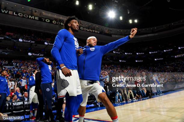 May 5: Robert Covington and Justin Anderson of the Philadelphia 76ers react against the Boston Celtics during Game Three of the Eastern Conference...