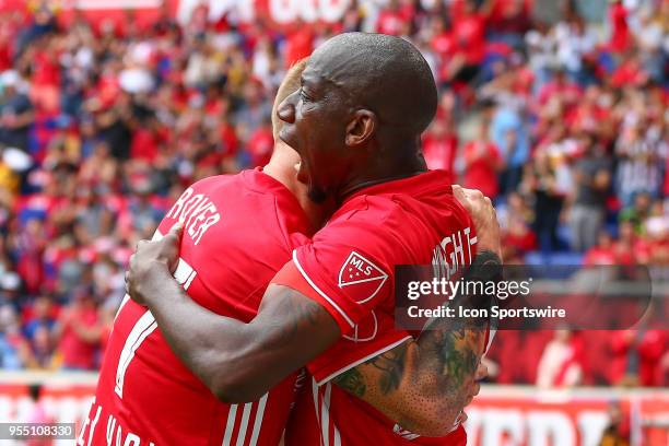New York Red Bulls forward Bradley Wright-Phillips celebrates with teammate New York Red Bulls midfielder Daniel Royer after scoring during the first...