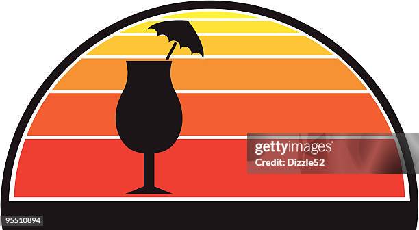 tropical drink against a sunset - cocktail umbrella stock illustrations