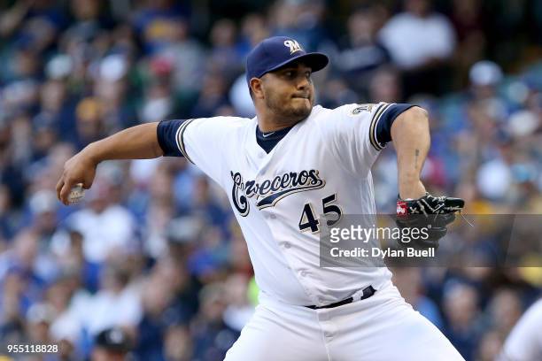 Jhoulys Chacin of the Milwaukee Brewers pitches in the second inning against the Pittsburgh Pirates at Miller Park on May 5, 2018 in Milwaukee,...