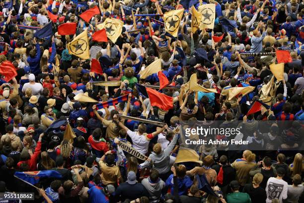 Jets fans during the 2018 A-League Grand Final match between the Newcastle Jets and the Melbourne Victory at McDonald Jones Stadium on May 5, 2018 in...