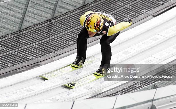 Noriaki Kasai of Japan competes during the FIS Ski Jumping World Cup event of the 58th Four Hills Ski Jumping Tournament on December 31, 2009 in...