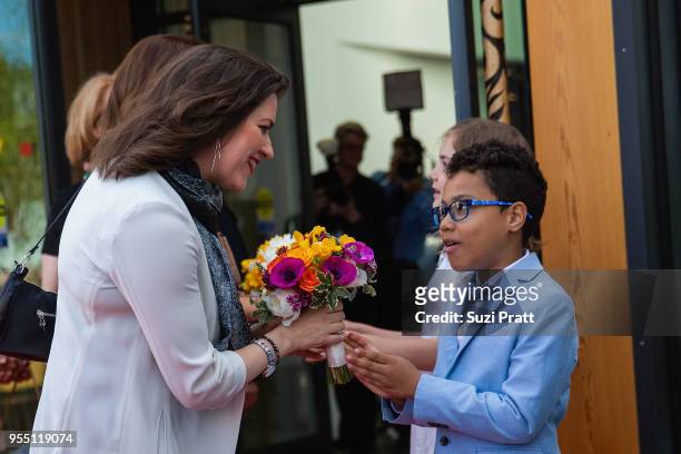 First Lady of Iceland Eliza Reid receives flowers at the Nordic Museum on May 5, 2018 in Seattle, Washington.