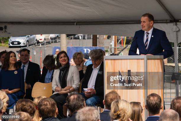 Her Royal Highness the Crown Princess Mary of Denmark, Iceland First Lady Eliza Reid, and Nordic Museum Executive Director Eric Nelson watch...