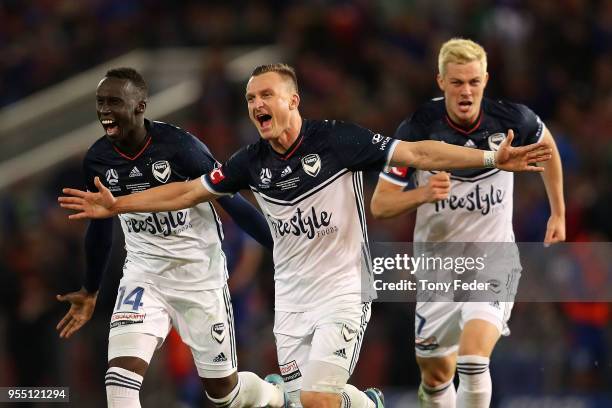 Besart Berisha of the Victory celebrates the win over the Jets during the 2018 A-League Grand Final match between the Newcastle Jets and the...