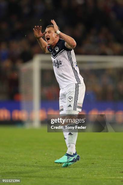 Besart Berisha of the Victory reacts during the 2018 A-League Grand Final match between the Newcastle Jets and the Melbourne Victory at McDonald...