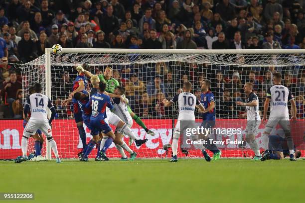 Glen Moss of the Jets punches the ball during the 2018 A-League Grand Final match between the Newcastle Jets and the Melbourne Victory at McDonald...