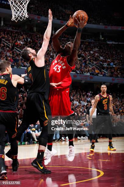 Pascal Siakam of the Toronto Raptors shoots the ball against the Cleveland Cavaliers during Game Three of the Eastern Conference Semi Finals of the...