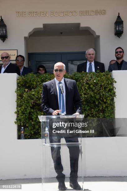 Chairman and CEO of Fox Television Group Gary Newman speaks at the Steven Bocho Building Dedication at Fox Studio Lot on May 5, 2018 in Century City,...