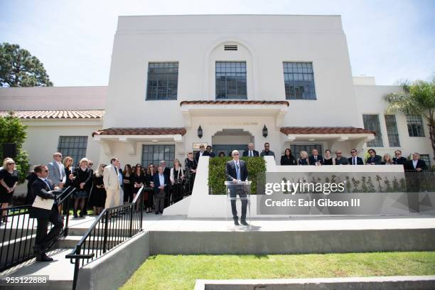 Chairman and CEO Fox Television Group Gary Newman is surrounded by cast mates from Doogie Howser, LA Law, NYPD Blue and friends at the Steven Bochco...