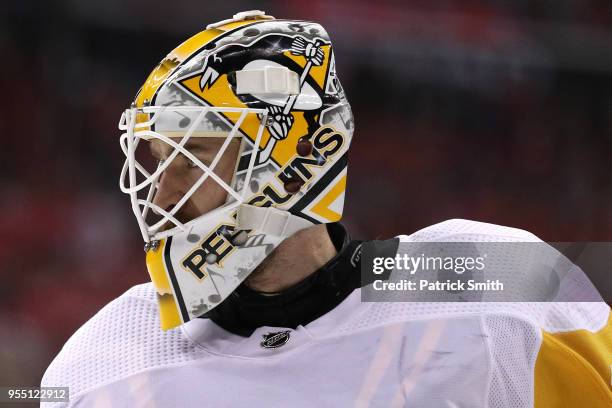 Goalie Matt Murray of the Pittsburgh Penguins looks on against the Washington Capitals during the second period in Game Five of the Eastern...