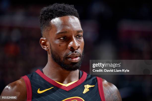 Jeff Green of the Cleveland Cavaliers looks on against the Toronto Raptors during Game Three of the Eastern Conference Semi Finals of the 2018 NBA...