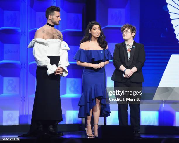 Nico Tortorella, Auli'i Cravalho, and Ellie Desautels speak onstage at the 29th Annual GLAAD Media Awards at The Hilton Midtown on May 5, 2018 in New...