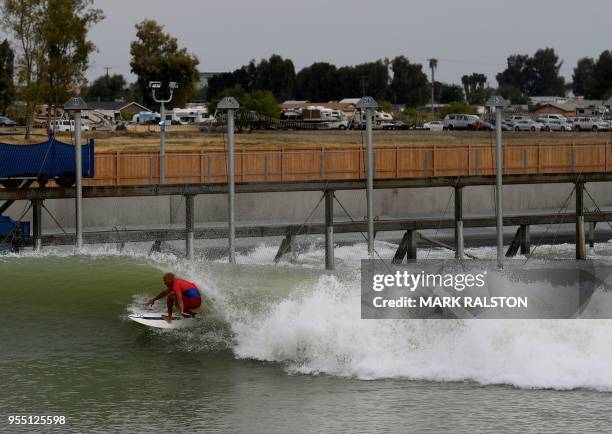 Kelly Slater of the US rides the wave during round two of the WSL Founders' Cup of Surfing at the Kelly Slater Surf Ranch in Lemoore, California on...