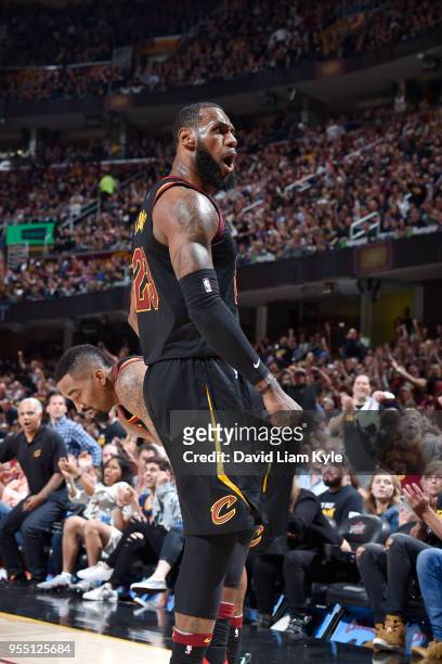 LeBron James of the Cleveland Cavaliers reacts against the Toronto Raptors during Game Three of the Eastern Conference Semi Finals of the 2018 NBA...