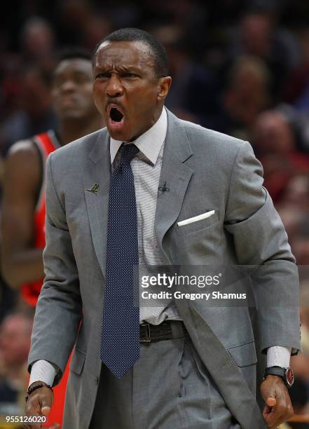Head coach Dwane Casey of the Toronto Raptors reacts while playing the Cleveland Cavaliers in Game Three of the Eastern Conference Semifinals during...