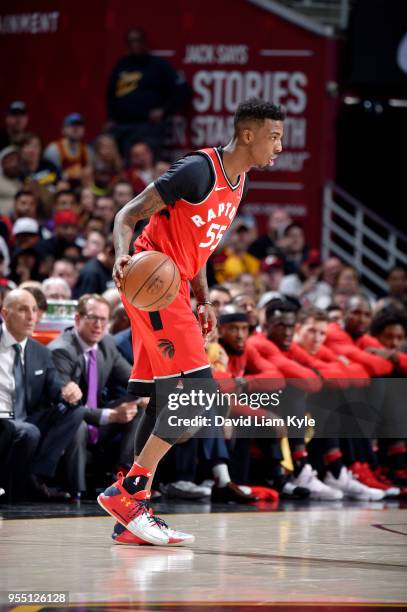 Delon Wright of the Toronto Raptors handles the ball against the Cleveland Cavaliers during Game Three of the Eastern Conference Semi Finals of the...