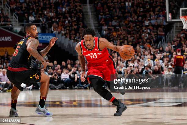 DeMar DeRozan of the Toronto Raptors handles the ball against the Cleveland Cavaliers during Game Three of the Eastern Conference Semi Finals of the...