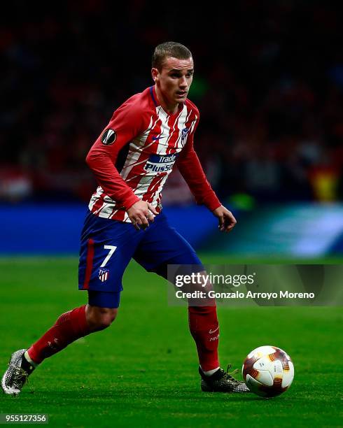 Antoine Griezmann of Atletico de Madrid controls the ball during the UEFA Europa League Semi Final second leg match between Atletico Madrid and...