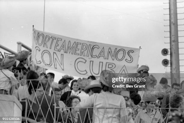 View of a North American alternative press delegation in la Plaza de la Revolucion during the 10th anniversary celebration of the Cuban Revolution ,...