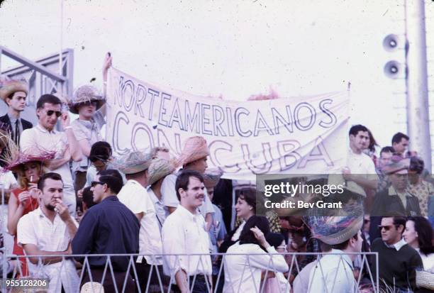 View of a North American alternative press delegation in la Plaza de la Revolucion during the 10th anniversary celebration of the Cuban Revolution ,...