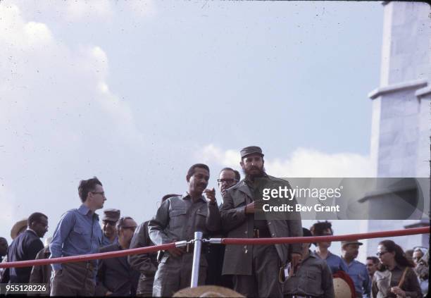 View of members of the Cuban leadership, including Cuban military and political leader Prime Minister Fidel Castro , in la Plaza de la Revolucion...