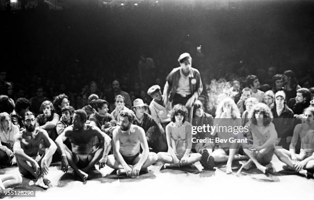 Members of the Living Theatre company, along with audience participants, perform 'Paradise Now' on stage at the Filmore East , New York, New York,...