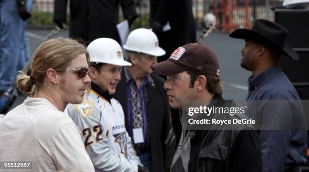 Bucky Covington, Jordin Tootoo of the Nashville Predators, Rodney Atkins and Cowboy Troy attend the grand re-opening celebration at the Hard Rock...