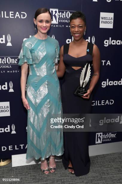 Alexis Bledel and Samira Wiley, recipient of the Vito Russo Award, attend the 29th Annual GLAAD Media Awards at The Hilton Midtown on May 5, 2018 in...