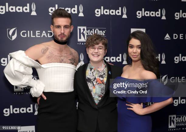 Nico Tortorella, Ellie Desautels, and Auli'i Cravalho attend the 29th Annual GLAAD Media Awards at The Hilton Midtown on May 5, 2018 in New York City.