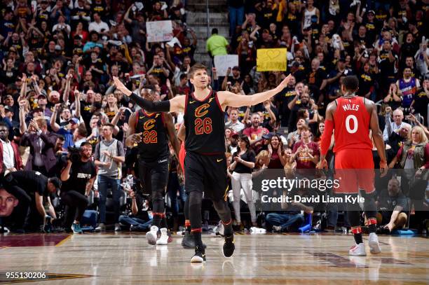 Kyle Korver of the Cleveland Cavaliers reacts against the Toronto Raptors during Game Three of the Eastern Conference Semi Finals of the 2018 NBA...