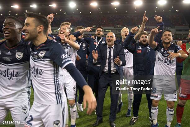 Kevin Muscat celebrates the win over the Jets during the 2018 A-League Grand Final match between the Newcastle Jets and the Melbourne Victory at...