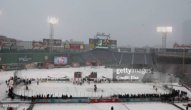 The Boston Bruins practice before the Bridgestone NHL Winter Classic on December 31, 2009 at Fenway Park in Boston, Massachusetts.