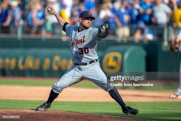 Detroit Tigers relief pitcher Alex Wilson during a Major League baseball game against the Kansas City Royals on May 5, 2018 at Kauffman Stadium in...