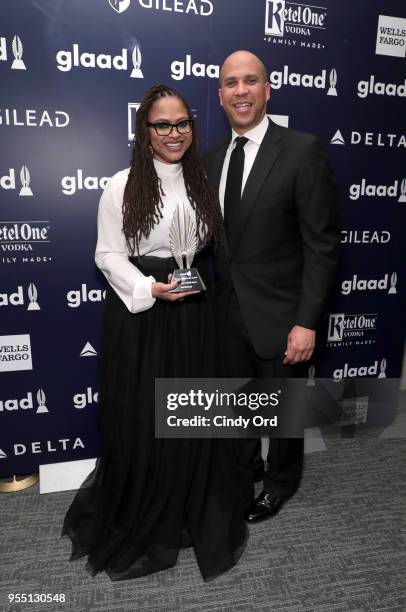 Director Ava DuVernay, recipient of the Excellence in Media Award and Cory Booker attend the 29th Annual GLAAD Media Awards at The Hilton Midtown on...