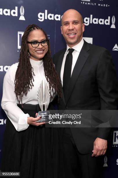 Director Ava DuVernay, recipient of the Excellence in Media Award and Cory Booker attend the 29th Annual GLAAD Media Awards at The Hilton Midtown on...