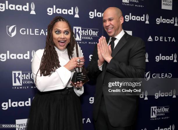 Director Ava DuVernay, recipient of the Excellence in Media Award and Cory Booker attend the 29th Annual GLAAD Media Awards at The Hilton Midtown on...